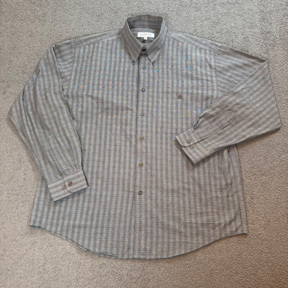 Yves Saint Laurent Mens Grey Plaid Button Down Shirt 16.5 34-35 L Wrinkle Resist